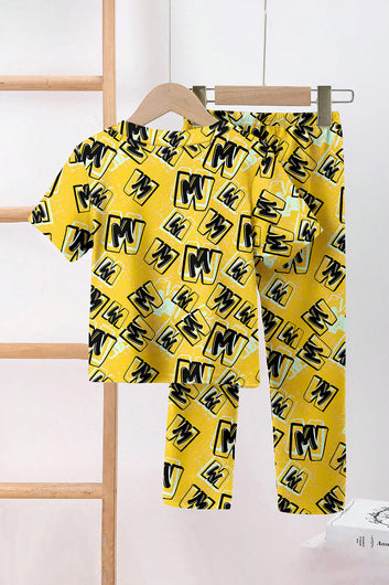 Boys Yellow Cotton Blend Graphic Print T-Shirt and Pant For Casual Wear