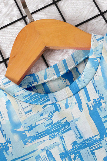 Boys Light Blue Lycra Blend Printed T-shirt and Short Clothing Set