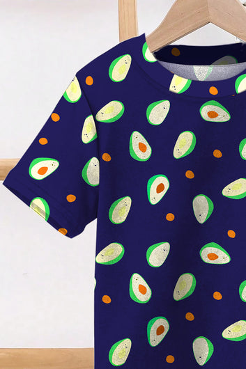 Boys Dark Blue Cotton Blend Printed T-Shirt and Pant For Casual Wear