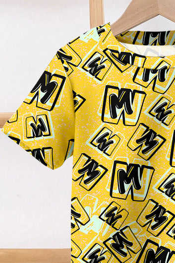 Boys Yellow Cotton Blend Graphic Print T-Shirt and Pant For Casual Wear