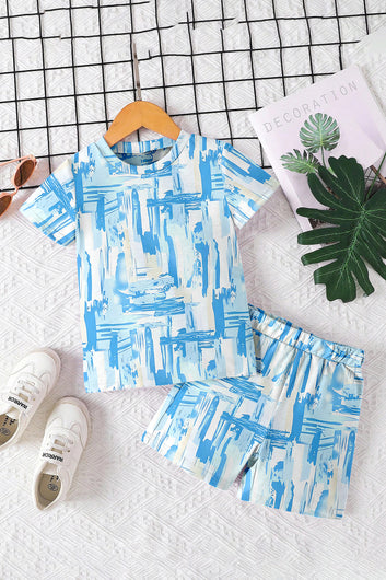 Boys Light Blue Lycra Blend Printed T-shirt and Short Clothing Set