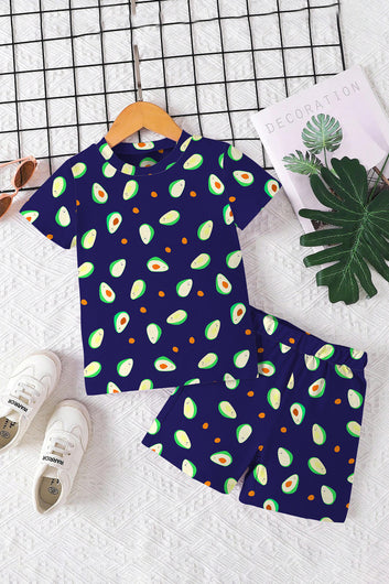 Boys Dark Blue Lycra Blend Printed T-shirt and Short Clothing Set