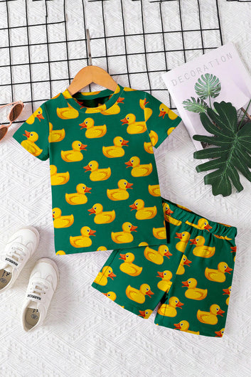 Boys Green Lycra Blend Printed T-shirt and Short Clothing Set