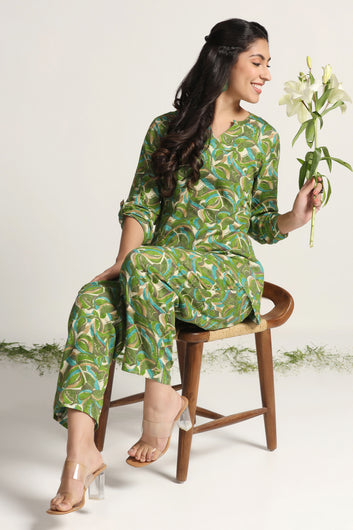 Womens Green Rayon Abstract Printed Top with Trouser Set