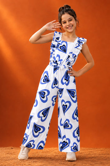 Girls White Cotton Blend Hart printed Ankel Legnth Jumpsuits