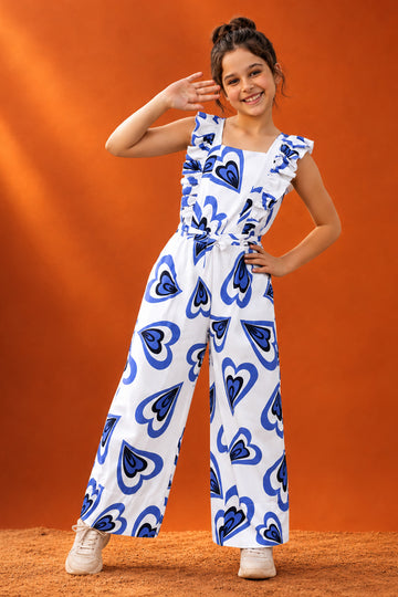 Girls White Cotton Blend Hart printed Ankel Legnth Jumpsuits
