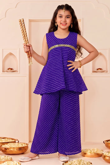 Girls Blue Georgette Leheriya Printed High-Low Kurta With Palazzo Set