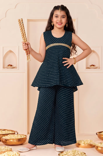 Girls Black Georgette Leheriya Printed High-Low Kurta With Palazzo Set