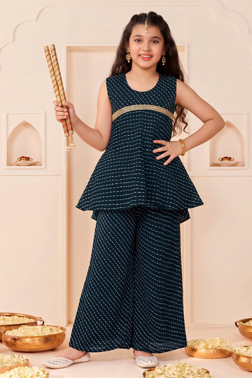 Girls Black Georgette Leheriya Printed High-Low Kurta With Palazzo Set