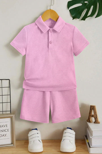 Boys Baby Pink Popcorn Solid T-Shirt With Short Pant Set