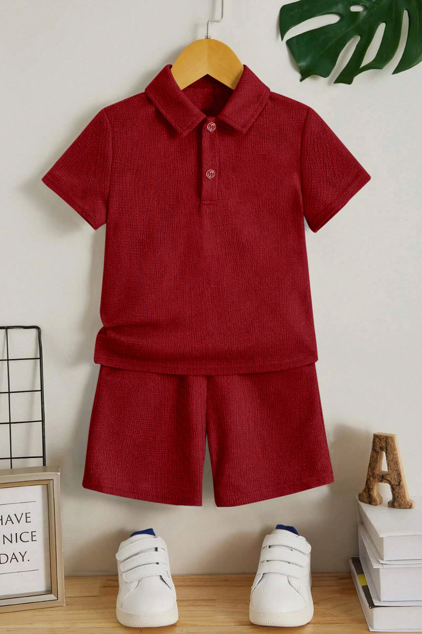 Boys Maroon Popcorn Solid T-Shirt With Short Pant Set