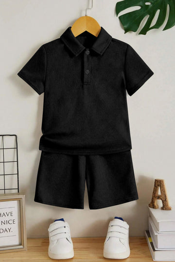 Boys Black Popcorn Solid T-Shirt With Short Pant Set