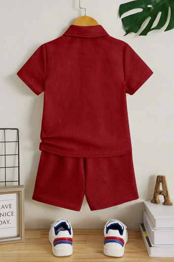 Boys Maroon Popcorn Solid T-Shirt With Short Pant Set