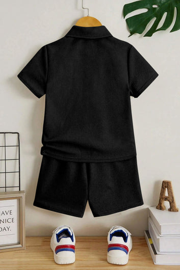 Boys Black Popcorn Solid T-Shirt With Short Pant Set