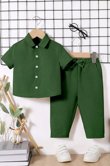 Boys Olive Cotton Blend Solid Clothing Set