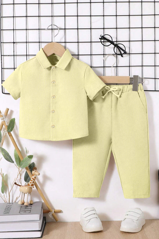 Boys Yellow Cotton Blend Solid Shirt With Pant Set