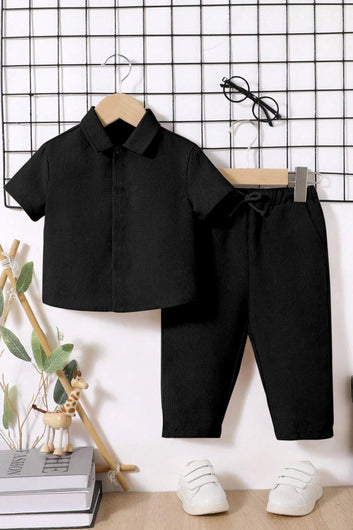 Boys Black Cotton Blend Solid Shirt With Pant Set