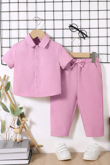 Boys Light Pink Cotton Blend Solid Shirt With Pant Set