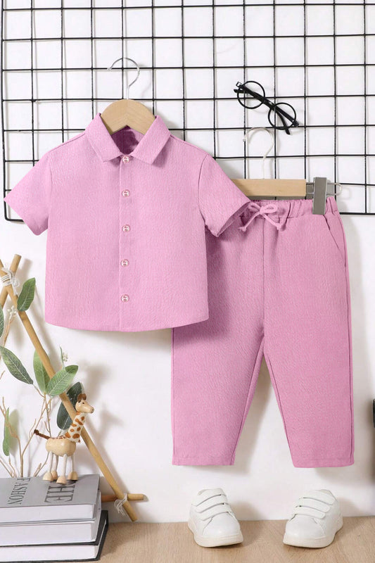 Boys Light Pink Cotton Blend Solid Shirt With Pant Set