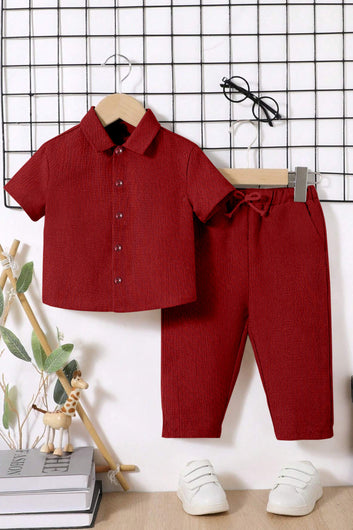 Boys Red Cotton Blend Solid Shirt With Pant Set