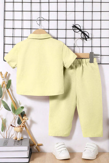 Boys Yellow Cotton Blend Solid Shirt With Pant Set