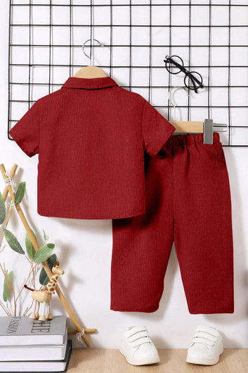 Boys Red Cotton Blend Solid Shirt With Pant Set