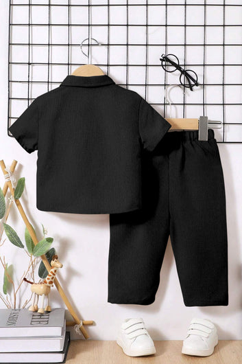 Boys Black Cotton Blend Solid Shirt With Pant Set