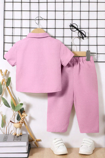 Boys Light Pink Cotton Blend Solid Shirt With Pant Set