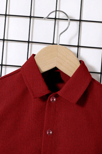 Boys Red Cotton Blend Solid Shirt With Pant Set