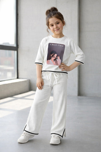 Girls White Rib Printed, Co-ords Set with Round Neck T-shirt and Pant Stylish Appareal Combo For Girls
