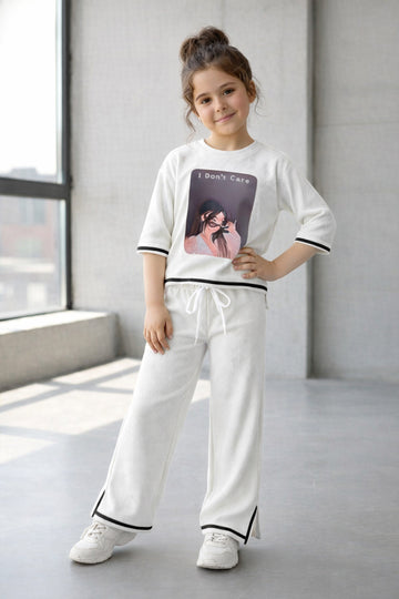 Girls White Rib Printed, Co-ords Set with Round Neck T-shirt and Pant Stylish Appareal Combo For Girls