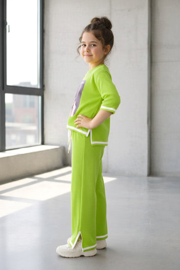 Girls Green Rib Printed, Co-ords Set with Round Neck T-shirt and Pant Stylish Clothing Set For Girls