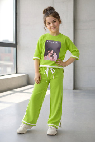 Girls Green Rib Printed, Co-ords Set with Round Neck T-shirt and Pant Stylish Clothing Set For Girls