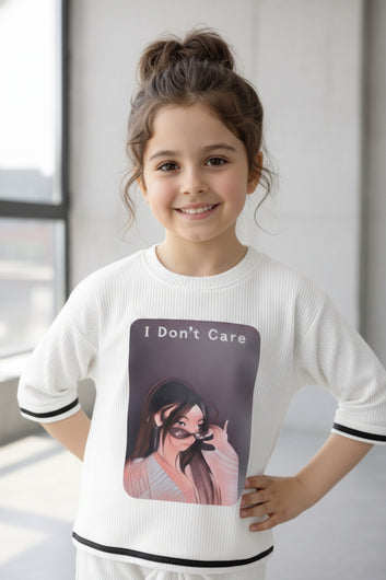 Girls White Rib Printed, Co-ords Set with Round Neck T-shirt and Pant Stylish Appareal Combo For Girls