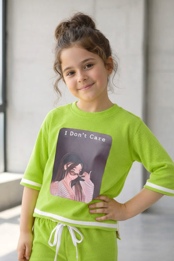 Girls Green Rib Printed, Co-ords Set with Round Neck T-shirt and Pant Stylish Clothing Set For Girls