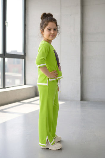 Girls Green Rib Printed, Co-ords Set with Round Neck T-shirt and Pant Stylish Clothing Set For Girls