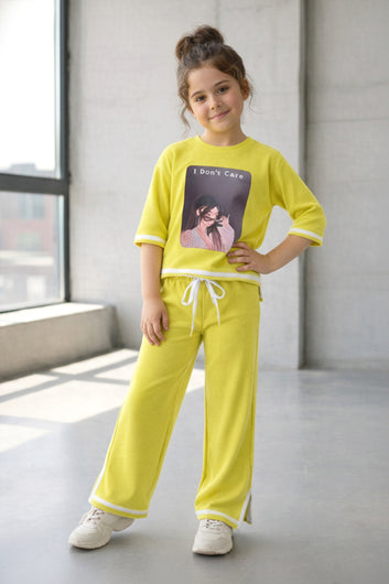 Girls Yellow Rib Printed T-shirt and trouser set