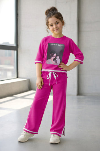 Girls Pink Rib Printed T-shirt and trouser set