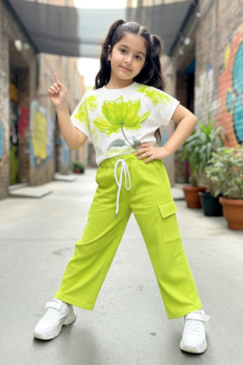 Girls Yellow Rib Florel Printed T-shirt and Cargo pant Sets