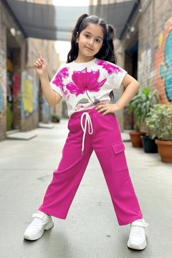 Girls Pink Rib Florel Printed T-shirt and Cargo pant Sets
