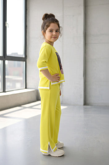 Girls Yellow Rib Printed T-shirt and trouser set
