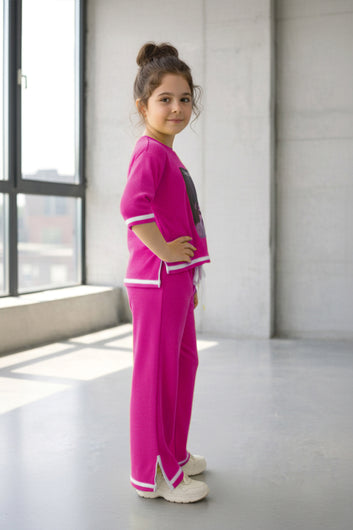 Girls Pink Rib Printed T-shirt and trouser set