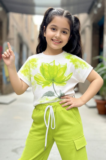 Girls Yellow Rib Florel Printed T-shirt and Cargo pant Sets