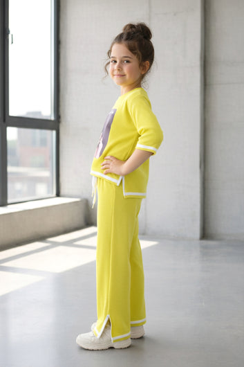 Girls Yellow Rib Printed T-shirt and trouser set