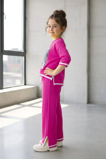 Girls Pink Rib Printed T-shirt and trouser set