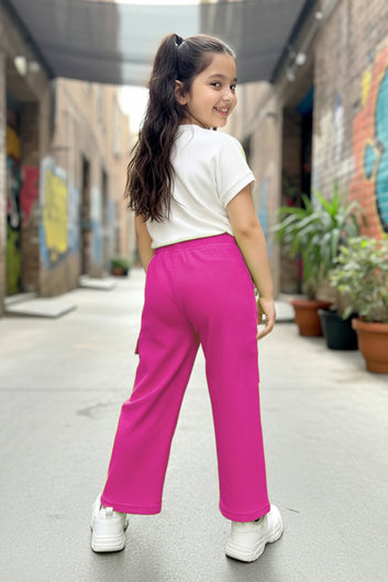 Girls Pink Rib Florel Printed T-shirt and Cargo pant Sets