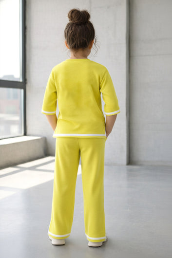 Girls Yellow Rib Printed T-shirt and trouser set