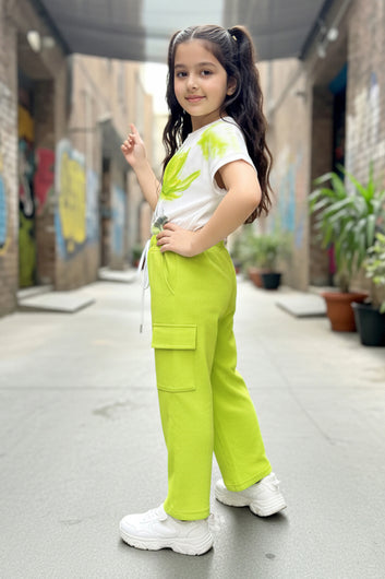 Girls Yellow Rib Florel Printed T-shirt and Cargo pant Sets