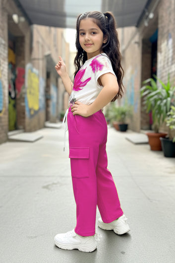 Girls Pink Rib Florel Printed T-shirt and Cargo pant Sets