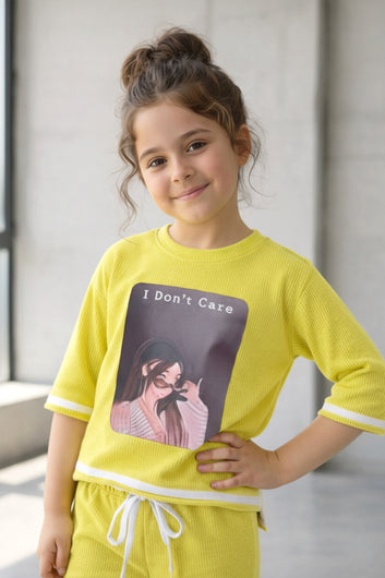 Girls Yellow Rib Printed T-shirt and trouser set